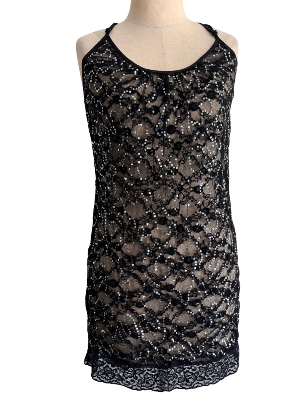 Betsey Johnson Large Sheer Mesh Floral Lace Sequin Black Silver Vintage Bodycon